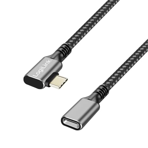 Logilink CUA0110 - USB 3.2 Gen2 Typ-C Verlängerungskabel mit PD Unterstützung (PowerDelivery), Stecker 90° gewinkelt, Farbe: Schwarz/Grau, Kabellänge: 0,5m von Logilink