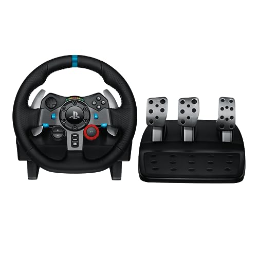 Logitech G G29 Driving Force Racing Wheel und Bodenpedale, Real Force Feedback, Edelstahl-Schalthebel am Lenkrad, Leder-Lenkradbezug für XPS5, PS4, PC, Mac, Schwarz von Logitech G