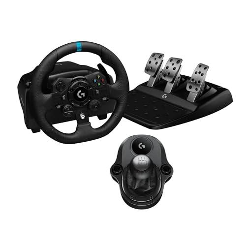 Logitech G G923 Rennlenkrad und Pedale, TRUEFORCE Force Feedback, echtes Leder + Logitech G Driving Force Schalthebel – Xbox X|S, Xbox One, PC, Mac– Schwarz von Logitech G