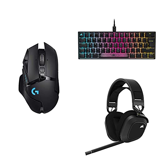 Logitech G502 Lightspeed kabellose Gaming-Maus mit Hero 25K DPI Sensor + Corsair K65 RGB Mini 60% Mechanische Gaming-Tastatur + Corsair HS80 RGB Wireless Premium-Gaming-Headset mit Dolby Atmos von Logitech G