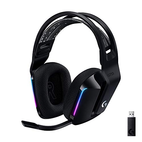 Logitech G733 LIGHTSPEED kabelloses Gaming-Headset mit Kopfbügel, LIGHTSYNC RGB, Blue VO!CE Mikrofontechnologie, PRO G Lautsprechern, Ultraleicht, 29-Stunden Akkulaufzeit, 20m Reichweite - Schwarz von Logitech G