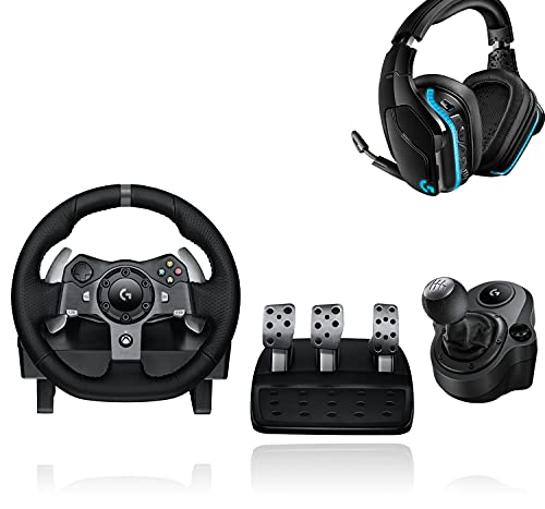 Logitech G920 Driving Force Gaming Rennlenkrad, Zweimotoriges Force Feedback - Schwarz + Logitech G Driving Force Schalthebel, 6 Gänge - Schwarz + Logitech G935 kabelloses Gaming-Headset - Schwarz von Logitech G