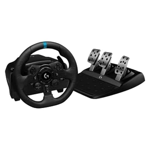 Logitech G923 TRUEFORCE Gaming Rennlenkrad mit Pedalen, Kraftrückkopplung bis 1000 Hz, Reaktionsschnellem Pedal, Doppelkupplungssystem, Echtleder Lenkrad, für PS5, PS4 & PC, UK-Stecker - Schwarz von Logitech G