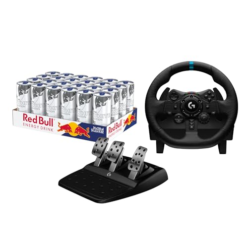 Red Bull Energy Drink White Edition - 24 Pallet Cans + Logitech G923 Trueforce Gaming Racing Steering Wheel with Pedals, Power Feedback up to 1000 Hz - Black, Compatible with Playstation 5 von Logitech G