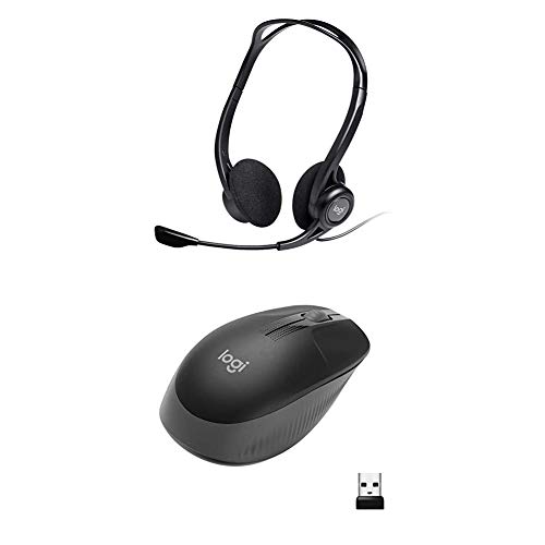 Logitech 960 Kopfhörer mit Mikrofon, Stereo-Headset, USB-Anschluss, 2,4m Kabel, PC/Mac/Laptop, Schwarz + Logitech kabellose Maus M190, beidhändige Nutzung, Batterielebensdauer 18 Monate,Schwarz von Logitech