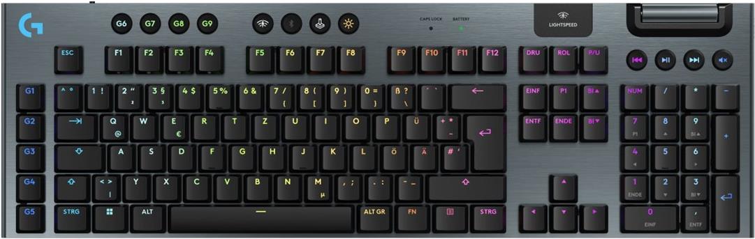 Logitech G G915 X - Tastatur - LIGHTSPEED - Hintergrundbeleuchtung - kabellos - Bluetooth 5.0, 2.4 GHz, USB - QWERTZ - Deutsch - Tastenschalter: GL Linear - Schwarz (920-012697) von Logitech
