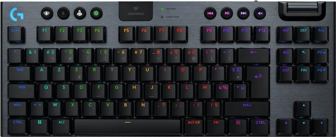 Logitech G G915 X - Tastatur - LIGHTSPEED - TKL - Hintergrundbeleuchtung - kabellos - Bluetooth 5.0, 2.4 GHz, USB - AZERTY - Französisch - Tastenschalter: GL Clicky - Schwarz (920-012755) von Logitech