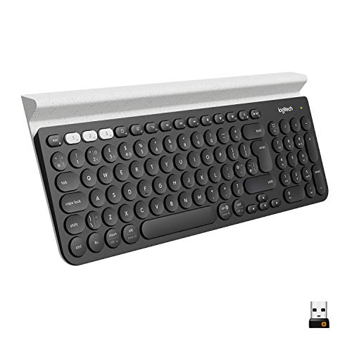 Logitech K780 Kabellose Tastatur, Bluetooth & 2.4 GHz Verbindung, Multi Device & Easy-Switch Feature, Integrierte Halterung, PC/Mac/Tablet/Smartphone, Niederländisches QWERTY-Layout - Dunkelgrau/Weiß von Logitech