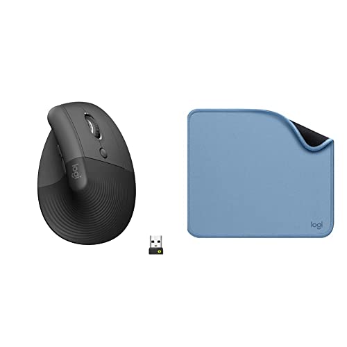 Logitech Lift Vertikale Ergonomische Maus, Kabellos, Bluetooth oder Logi Bolt USB-Empfänger, 4 Tasten - Grau & Mouse Pad - Studio Series, Computer-Mauspad mit Anti-Rutsch-Gummiboden - Blau/Grau von Logitech
