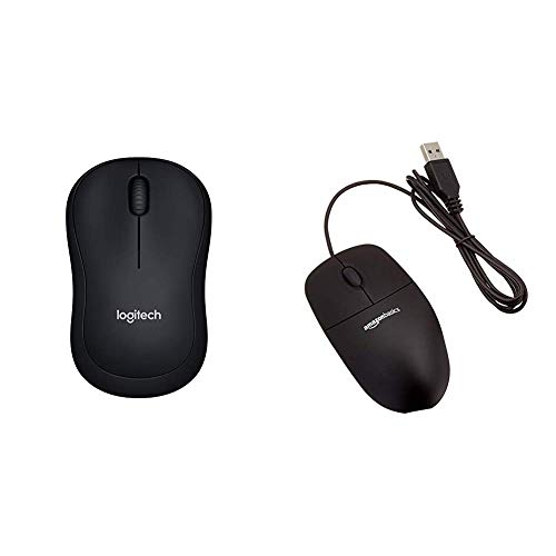 Logitech M185 schnurlos Maus (USB, kompatible mit Windows, Mac, Linux) grau & Amazon Basics USB-Maus mit DREI Schaltflächen (schwarz) von Logitech