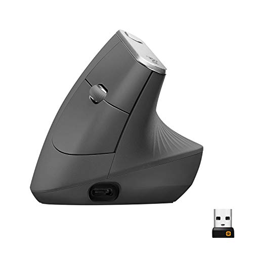 Logitech MX Vertical, Ergonomische Kabellose Maus, Bluetooth und 2.4 GHz Verbindung via Unifying USB-Empfänger, 4000 DPI Sensor, Wiederaufladbarer Akku, 4 Tasten, Multi-Device, PC/Mac/iPadOS - Graphit von Logitech