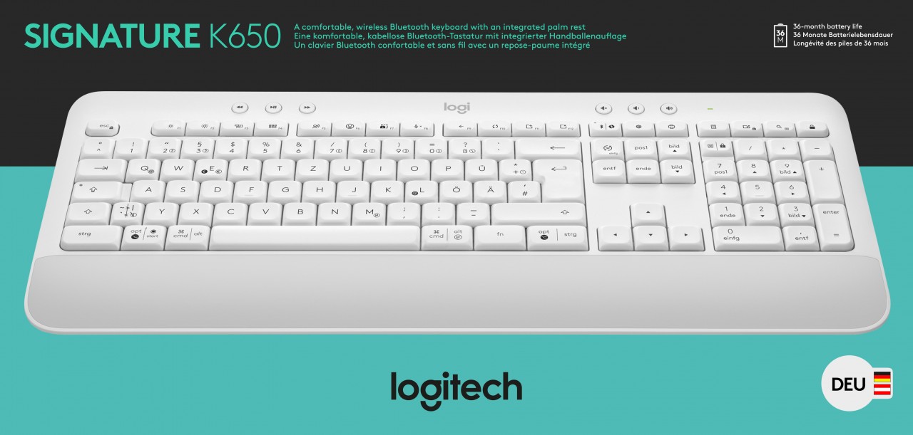 Logitech Tastatur K650, Wireless, Bolt, Bluetooth, weiss Signature, DE, Retail Logitech Tastatur K650, Wireless, Bolt, Bluetooth, weiss Signature, DE, Retail von Logitech