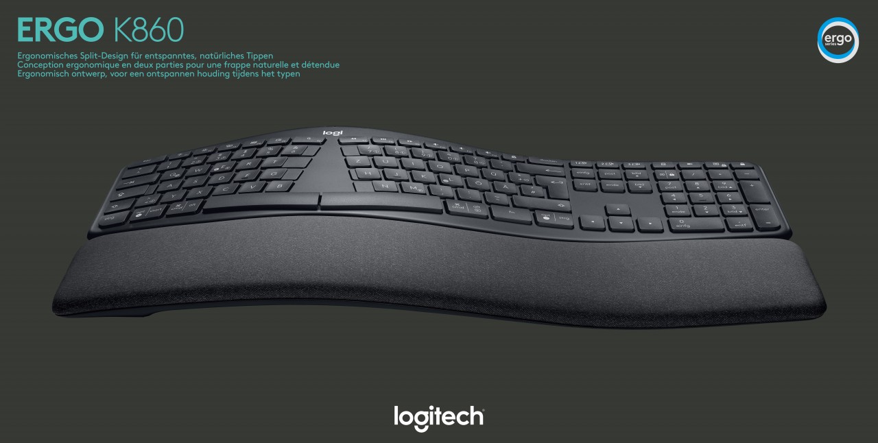 Logitech Tastatur K860, Wireless, Unifying, Bluetooth, schwarz Ergo, DE, Retail Logitech Tastatur K860, Wireless, Unifying, Bluetooth, schwarz Ergo, DE, Retail von Logitech