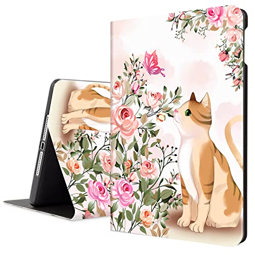 Schutzhülle für iPad 6.,5. Generation, niedliche Katze, iPad Air 2/Air 1, 9.7 Zoll iPad Tablet Cover, Schutzhülle, schmal, Smart Multi-Winkel, Blumensträucher, Katze von Lokigo