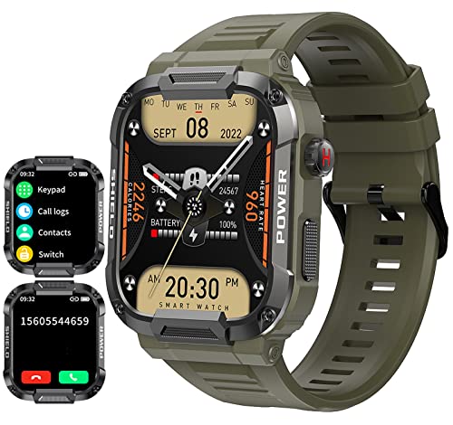 Loluka Militär-Smartwatch, Anrufannahme, Herzfrequenz, 4,7 cm, HD-Bildschirm, Herren-Smartwatch für Android iOS Handys, taktischer Schrittzähler, IP68 wasserdicht, Fitness-Uhr, Grün (Army Green), von Loluka