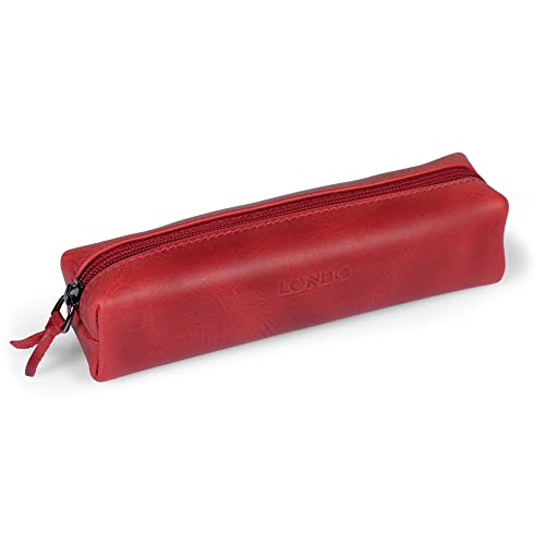 Londo Feder-, Bleistift- und Kosmetiketui aus echtem Leder mit Reißverschluss – Tasche für Schreibwaren - Rot von Londo