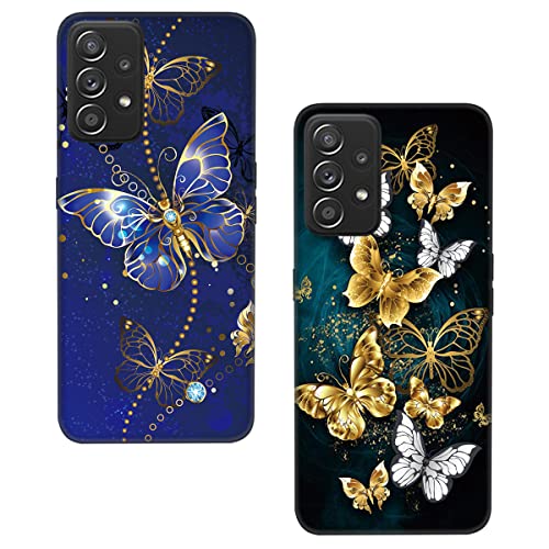Lonrapa 2 Stück Silikon Hülle für Samsung Galaxy A53 5G Motiv Handyhülle Ultra dünn Stoßfeste Kratzfeste Schutzhülle Weiche TPU Case Cover für Galaxy A53 5G - Blau & Goldene Schmetterlinge von Lonrapa
