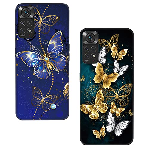 Lonrapa 2 Stück Silikon Hülle für Xiaomi Redmi Note 11 4G Motiv Handyhülle Ultra dünn Stoßfeste Kratzfeste Schutzhülle TPU Case Cover für Redmi Note 11S 4G - Blau & Goldene Schmetterlinge von Lonrapa