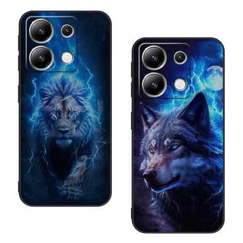 Lonrapa 2 Stück Silikon Hülle für Xiaomi Redmi Note 13 4G Handyhülle Ultra Dünn Bumper Stoßfeste Kratzfeste Rundumschutz Schutzhülle Motiv Schwarz Case Cover für Redmi Note 13 4G - Blauer Löwe & Wolf von Lonrapa