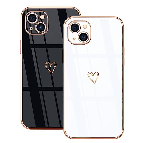 Lonrapa 2 Stück iPhone 14 Handyhülle Süße Gold Herz Muster Motiv Hülle für Mädchen Frauen Galvanisierte Weich TPU Silikon Kameraschutz Stoßfest Bumper Schutzhülle iPhone 14 Case Cover - Schwarz & Weiß von Lonrapa