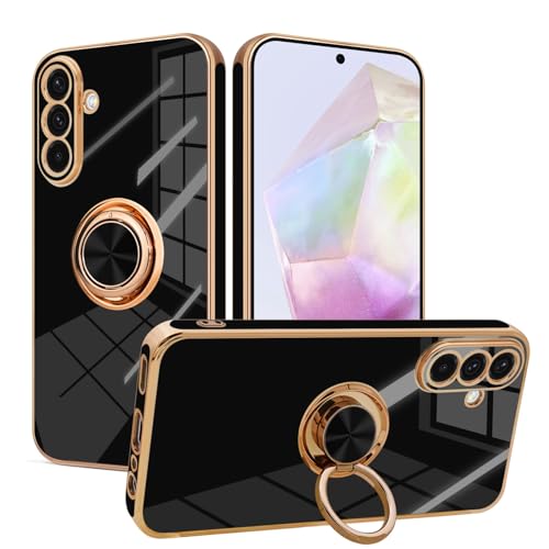 Lonrapa Hülle für Samsung Galaxy A56 5G mit Drehbarer Ring Ständer Magnetische Silikon Handyhülle Luxuriöses Gold Edge Design Fallschutz Case Cover Stoßfest Schutzhülle für Galaxy A56 5G - Schwarz Lonrapa Hülle für Samsung Galaxy A56 5G mit Drehbarer Ring Ständer Magnetische Silikon Handyhülle Luxuriöses Gold Edge Design Fallschutz Case Cover Stoßfest Schutzhülle für Galaxy A56 5G - Schwarz von Lonrapa