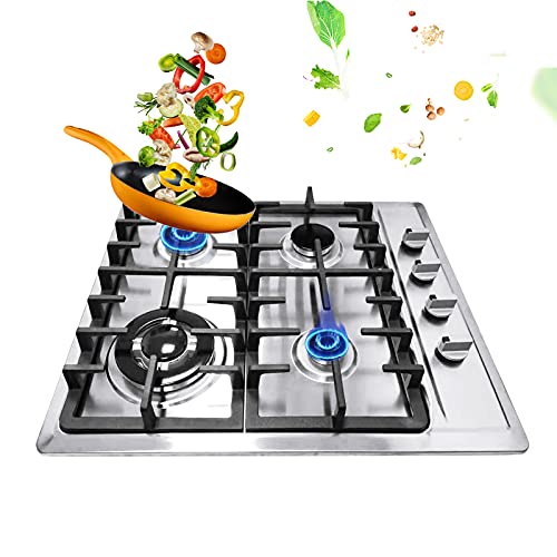 Loobiiny Built in Gas Cooktop 4Burners Stainless Steel Stove Gas Hob Einbau Gaskochfeld Gaskocher 4 flammig Einbauherd Schwarz emailliert Propan-/ Erdgas inkl (QG4Z02TCX) von Loobiiny