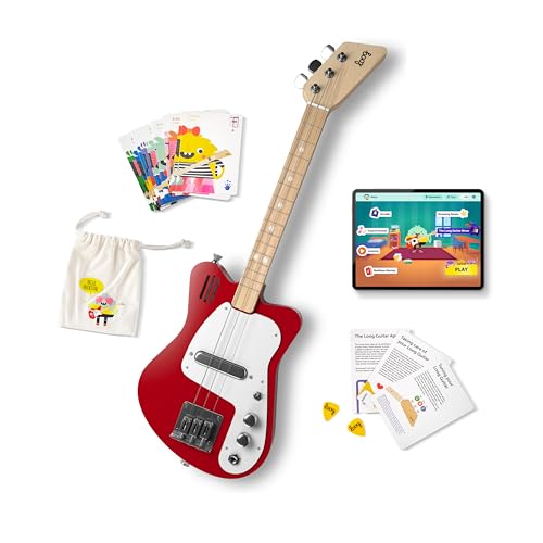 Loog Elektrische Mini-Gitarre für Anfänger, integrierter Verstärker, ab 3 Jahren, Lern-App und Unterrichtsstunden inklusive, Rot von Loog