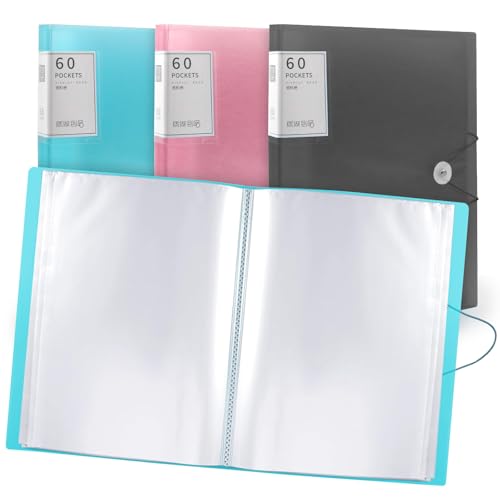 A4-Präsentationsmappe, 60 Taschen, A4-Präsentationsmappen, Sichtbuchmappe mit Kunststoffhüllen und Sicherheitsseil, Präsentationsmappen, Dokumentenmappe für Schule und Büro, Rosa (Blue) von Lookka