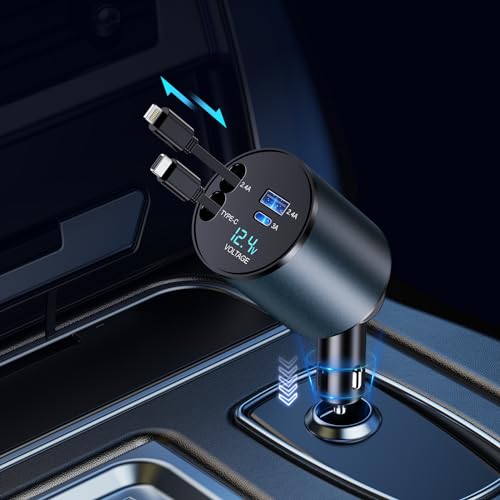 Einziehbares Auto Ladegerät, 4 in 1 60W Auto Ladegerät Zigarettenanzünder USB C mit Einziehbaren Kabel und Ladeanschlüssen, Ladekabel Auto für iPhone 15/14/13/12/11 Pro/iPad,Samsung, Pixel (Grey) von Lopnord