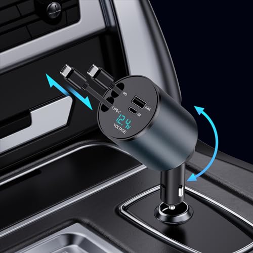 Einziehbares Auto Ladegerät, 4 in 1 60W Auto Ladegerät Zigarettenanzünder USB C mit Einziehbaren Kabel und Ladeanschlüssen, für iPhone 16/15/14/13/12/11 Pro/iPad (2 Type-C Cords) von Lopnord
