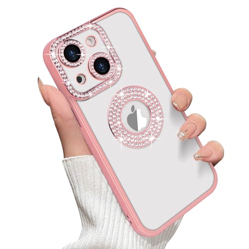 Losin Für iPhone 15 Glitzer Hülle mit Logo View für Frauen Mädchen Luxus Niedlich Diamant Hülle Bling Kamera Schutz Weich Klar Funkeln Strass Stoßfest Cover für iPhone 15, Rosa von Losin