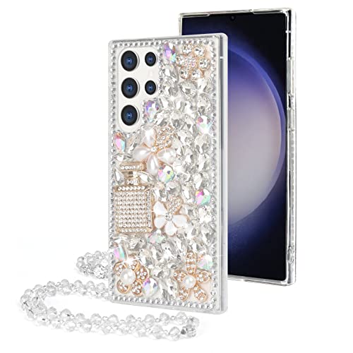 Losin Kompatibel mit Galaxy S23 Ultra Bling Hülle Luxus 3D Diamant Kristall Strass Glänzend Edelstein Parfümflasche und Blume Handyhülle für Frauen und Mädchen Glitzer Glitzer Kette Lanyard Strap von Losin