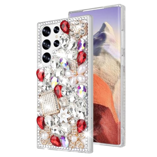Losin Kompatibel mit Galaxy S24 Bling Hülle für Frauen Mädchen Luxus 3D Sparkle Glitzer Diamant Kristall Strass Hülle Niedlich Glänzend Edelstein Blume Design Stoßfest Cover Rot von Losin