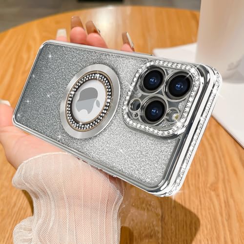 Losin Kompatibel mit iPhone 14 Pro Max Magnetische Glitzer Hülle Kompatibel mit MagSafe Luxus Bling Strass Hülle mit Logo View Plating Sparkle Diamond Kameraobjektivschutz für Frauen Mädchen, Silber von Losin