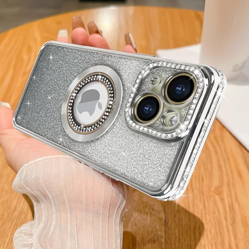 Losin Kompatibel mit iPhone 15 Magnetische Glitzer Hülle Kompatibel mit MagSafe Luxus Bling Strass Hülle mit Logo View Plating Sparkle Diamond und Kameralinsenschutz für Frauen und Mädchen, Silber Losin Kompatibel mit iPhone 15 Magnetische Glitzer Hülle Kompatibel mit MagSafe Luxus Bling Strass Hülle mit Logo View Plating Sparkle Diamond und Kameralinsenschutz für Frauen und Mädchen, Silber von Losin