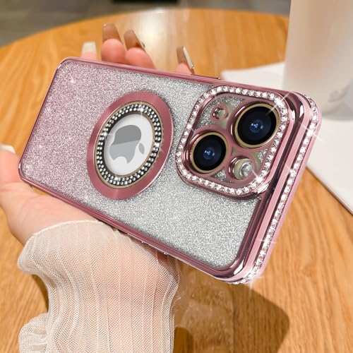 Losin Kompatibel mit iPhone 15 Magnetische Glitzer Hülle Kompatibel mit MagSafe Luxus Bling Strass Hülle mit Logo View Plating Sparkle Diamond und Kameralinsenschutz für Frauen und Mädchen, Rosa von Losin