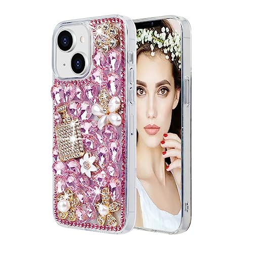 Losin Kompatibel mit iPhone 15 Plus Bling Hülle für Frauen Mädchen Niedlich Luxus 3D Glitzer Diamant Kristall Strass Funkeln Glänzend Edelstein Parfümflasche und Blume Cover Weiche TPU Bumper, Rosa von Losin