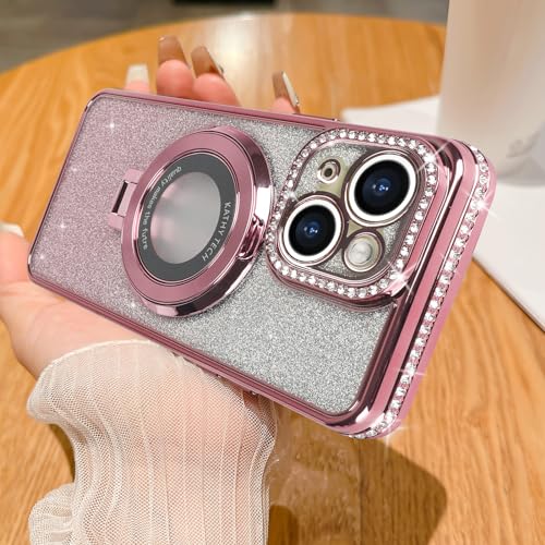 Losin Kompatibel mit iPhone 15 Plus Glitzer Magnetische Hülle mit unsichtbarem Ständer [Kompatibel mit MagSafe] Luxus Bling Strass Vollkameraobjektivschutz Abdeckung für Frauen und Mädchen, Rosa von Losin