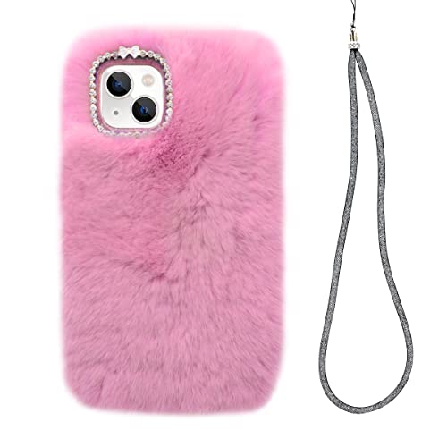 Losin Kompatibel mit iPhone 15 Plus Hülle, niedliche Plüschpelzhülle mit Glitzer Lanyard Strap Bling Diamant Kamera Objektivschutz Weich Winter Warm Plüsch Flauschige Pelz Abdeckung für Frauen und von Losin