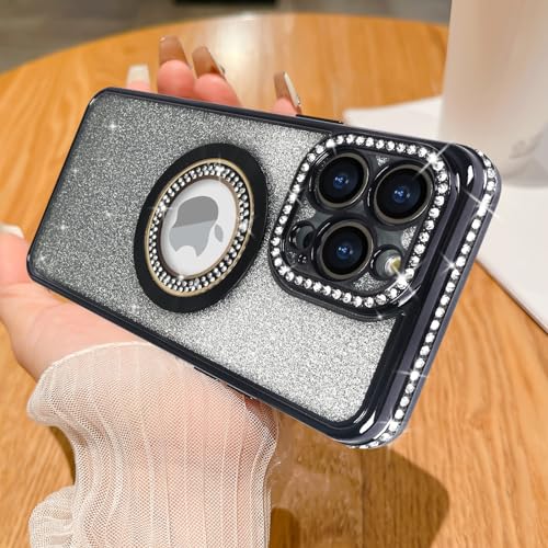 Losin Kompatibel mit iPhone 15 Pro Magnetische Glitzer Hülle Kompatibel mit MagSafe Luxus Bling Strass Hülle mit Logo View Plating Sparkle Diamond Kameraobjektivschutz für Frauen Mädchen, Schwarz von Losin