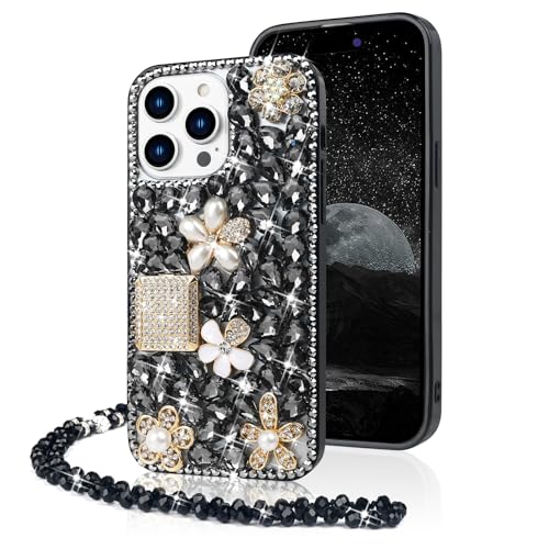 Losin Kompatibel mit iPhone 15 Pro Max Bling Hülle mit Umhängeband Luxus 3D Diamant Kristall Strass für Frauen Mädchen Glitzer Sparkle Case Glänzend Edelstein und Blume Cover Schwarz von Losin