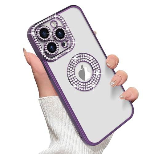 Losin Kompatibel mit iPhone 15 Pro Max Glitzer Hülle mit Logo View für Frauen Mädchen Luxus Niedlich Diamant Hülle Bling Kamera Schutz Weich Klar TPU Sparkle Strass Stoßfeste Abdeckung, Lila von Losin