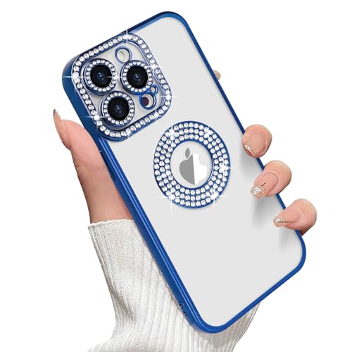 Losin Kompatibel mit iPhone 15 Pro Max Glitzer Hülle mit Logo View für Frauen Mädchen Luxus Süß Diamant Hülle Bling Kamera Schutz Weich Klar TPU Sparkle Strass Stoßfest Cover Blau von Losin