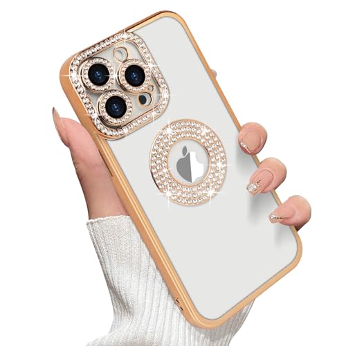 Losin Kompatibel mit iPhone 15 Pro Max Glitzer Hülle mit Logo View für Frauen Mädchen Luxus Süß Diamant Hülle Bling Kamera Schutz Weich Klar TPU Sparkle Strass Stoßfest Cover Gold von Losin