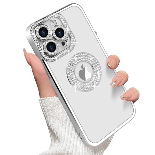 Losin Kompatibel mit iPhone 15 Pro Max Glitzer Hülle mit Logo View für Frauen Mädchen Luxus Süß Diamant Hülle Bling Kamera Schutz Weich Klar TPU Sparkle Strass Stoßfest Cover Silber von Losin