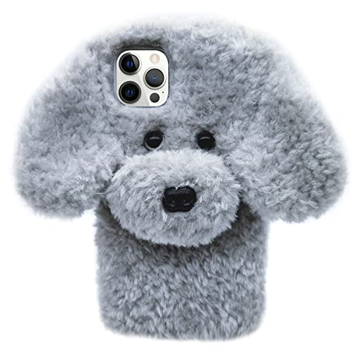 Losin Kompatibel mit iPhone 15 Pro Max Hülle Niedlicher Plüsch Pelziger Hund Handyhülle für Frauen Mädchen Mädchen 3D Cartoon Kawaii Hülle Weiche TPU Stoßfeste Schutzhülle für iPhone 15 Pro Max, Grau von Losin