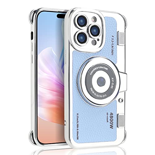Losin Kompatibel mit iPhone 15 Pro Max Hülle mit Band Niedliche 3D Vintage Kamera Handyhülle Handtasche Lanyard Plating Kamera PU Leder Handyhülle Stoßfeste Schutzhülle für Frauen und Mädchen, Blau von Losin