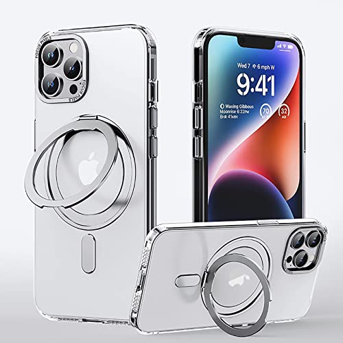 Losin Magnetische Standhülle für iPhone 14 Pro Max [Kompatibel mit MagSafe] [Fallschutz] Stoßfest Slim für iPhone 14 Pro Max Hülle mit drehbarem unsichtbarem Ständer für Männer und Frauen, Klar/Silber von Losin