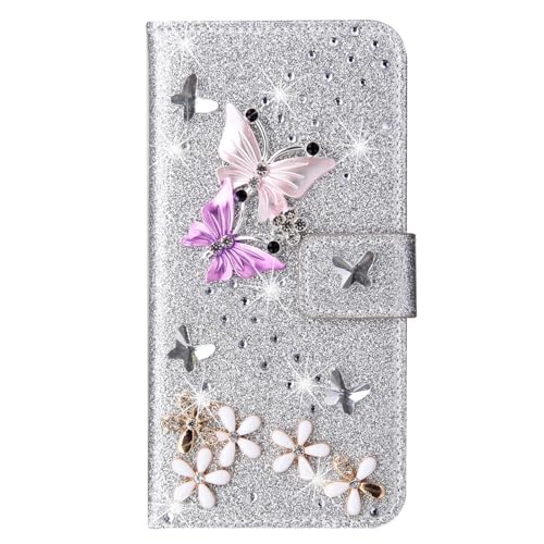 Losin Schutzhülle für iPhone 16 Pro, Brieftaschen-Schutzhülle mit Kartenfächern, luxuriös, 3D-Glitzer, Strass, Schmetterling, Blumen, Design für Damen und Mädchen, funkelnd, glänzend, PU-Leder, von Losin