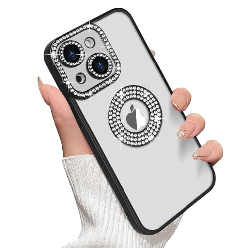 Losin für iPhone 15 Glitzer Hülle mit Logo View für Frauen Mädchen Luxus Niedlich Diamant Hülle Bling Kamera Schutz Weich Klar Funkeln Strass Stoßfest Cover für iPhone 15, Schwarz von Losin